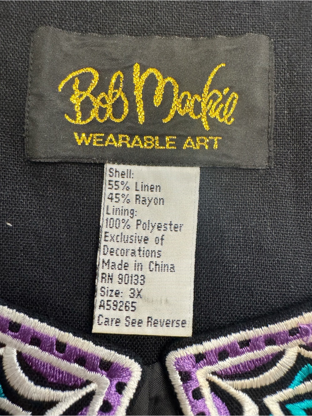 Bob Mackie Wearable Art Womens Plus Size 3X Embroidered Jacket Linen Black Blue - Picture 15 of 16